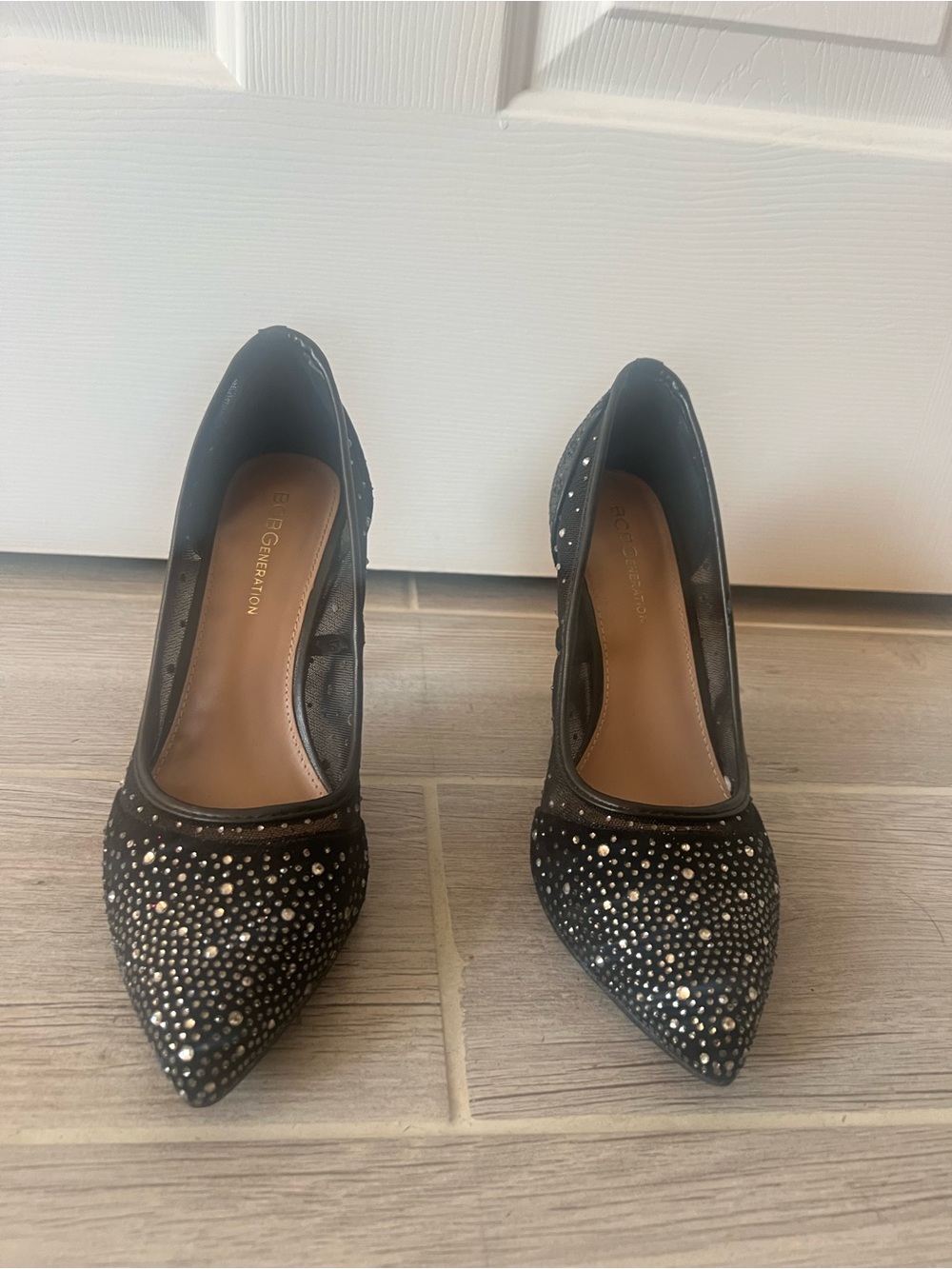 BCBG Black Rhinestone Mesh Pointed-Toe Heels